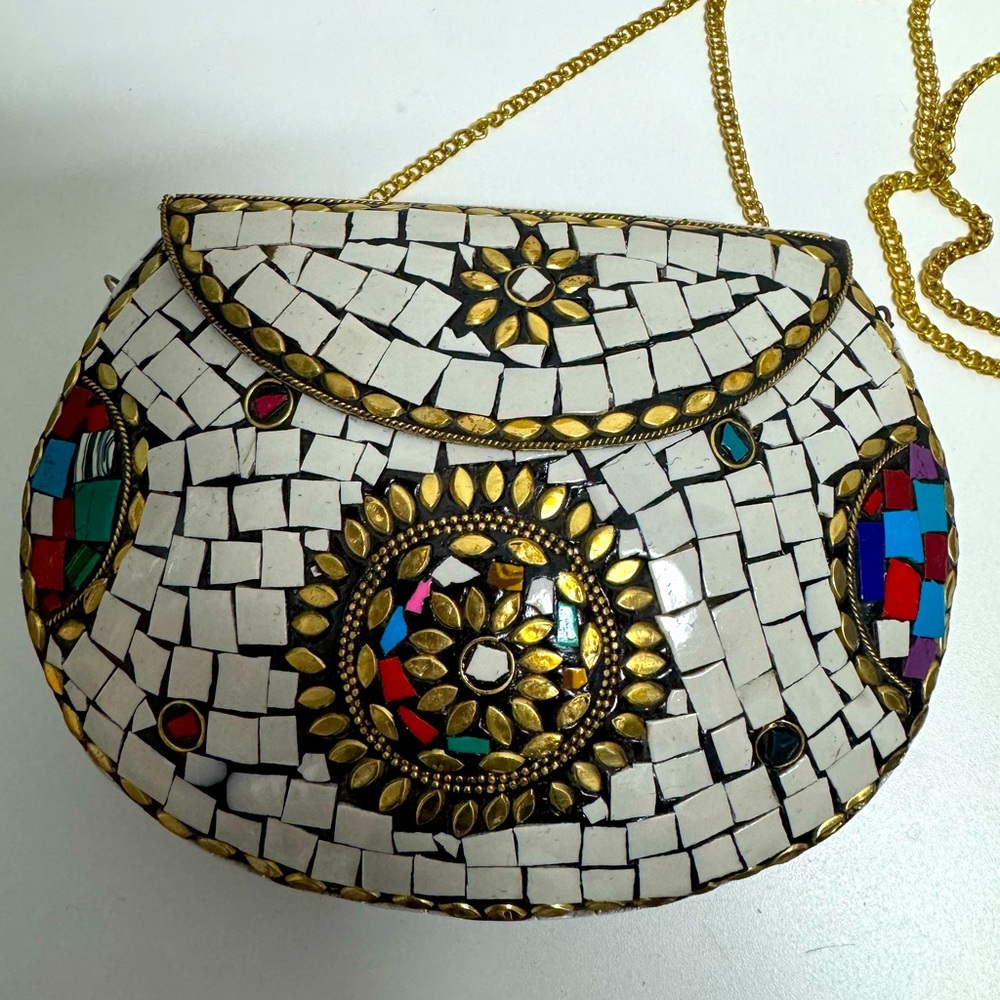 Handmade Mosaic Stone, Brass & Metal Clutch Purse
